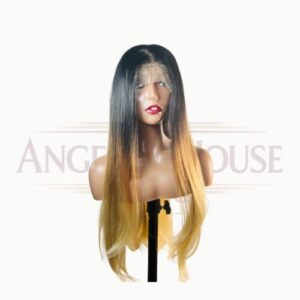 Perruque synthétique premium NINA, 30 pouces lisse, HD lace 13x6, trois tons noir, marron foncé et blond, densité 250 %.