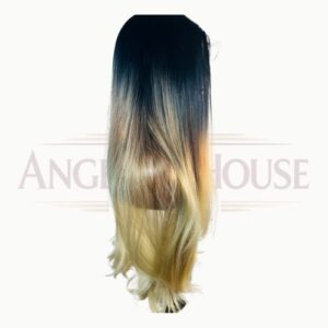 Perruque synthétique premium NINA, 30 pouces lisse, HD lace 13x6, trois tons noir, marron foncé et blond, densité 250 %.